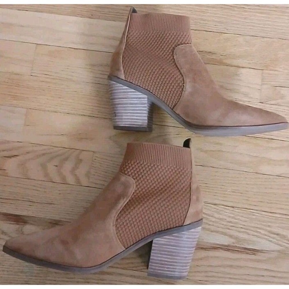 Cole Haan Tan Suede & Knit Ankle Boots Sz 11 Block Wood Heel Boho Festival Lagen